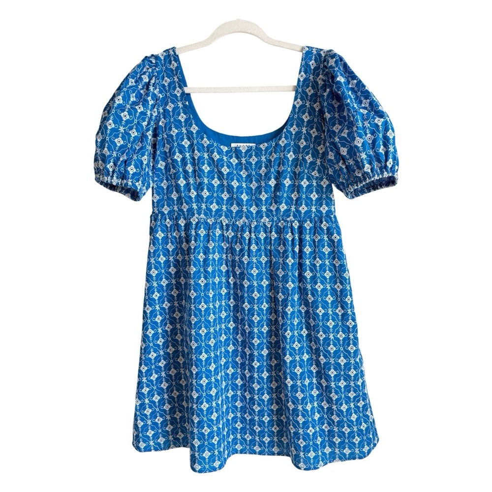 Rhode X Target Eyelet Dress Sz S Blue Embroidered Floral Cotton Puff Sleeve Mini